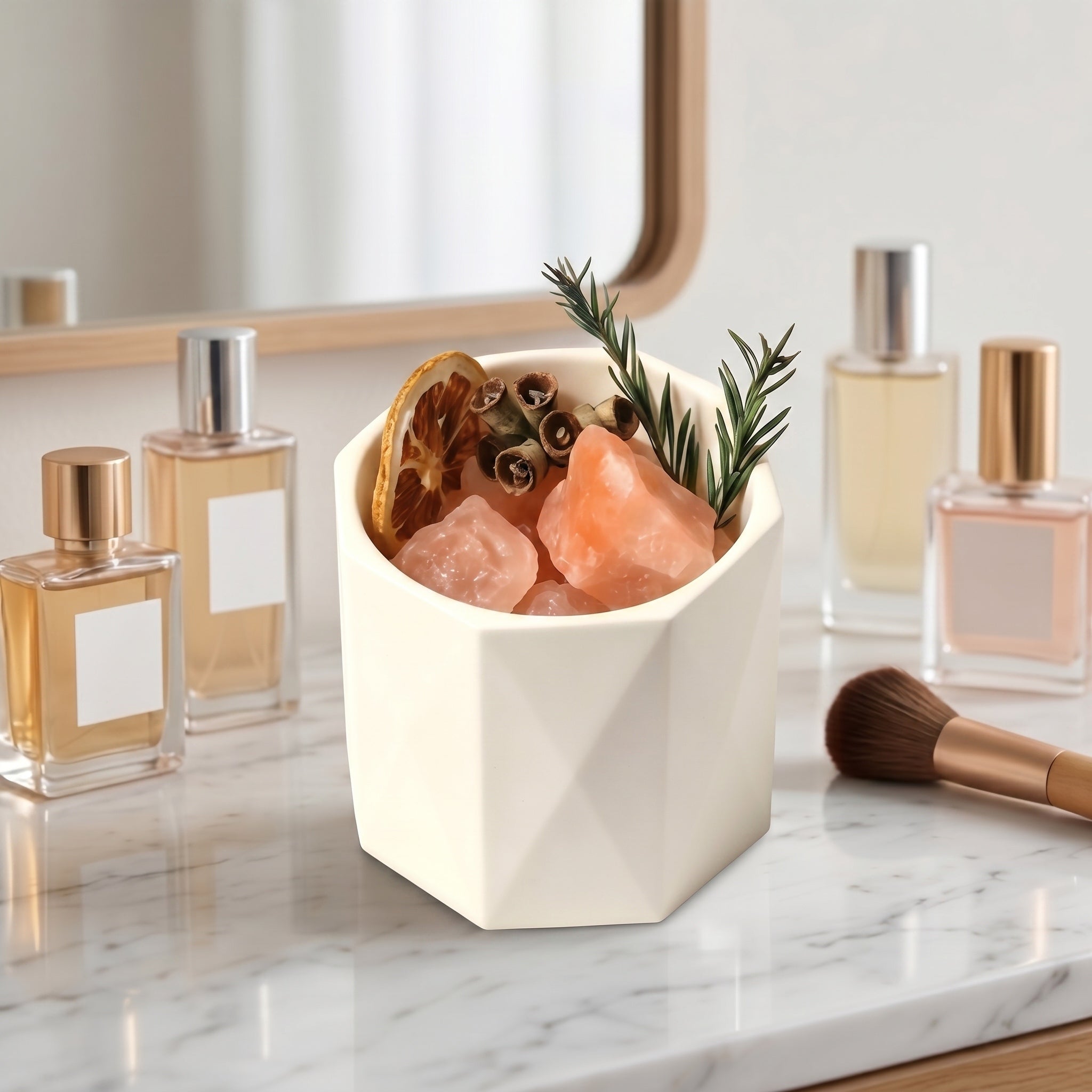 Modern Faceted White Ceramic and Pink Crystal Botanical Aromatherapy Set