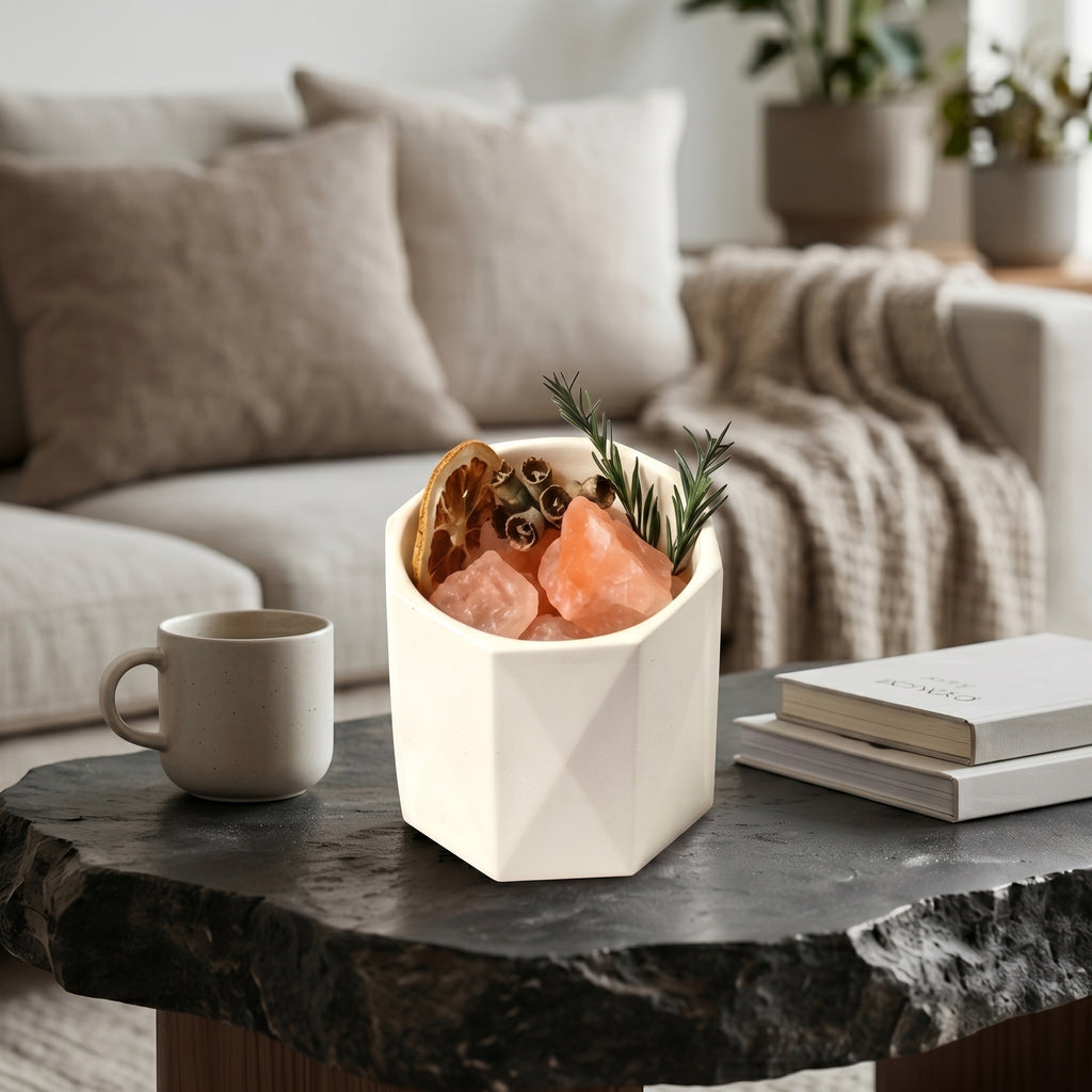 Modern Faceted White Ceramic and Pink Crystal Botanical Aromatherapy Set