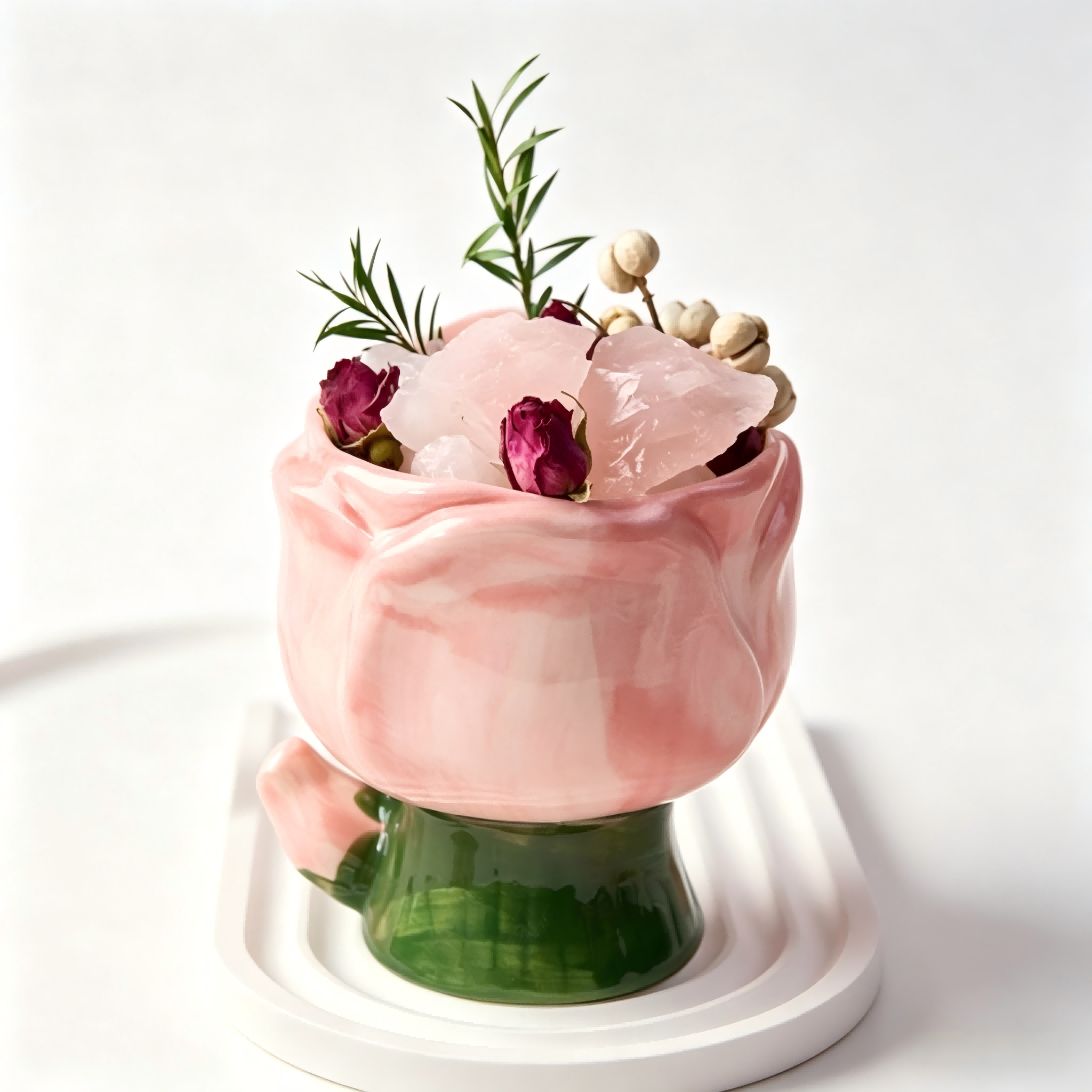 Romantic Sculpted Pink Rose Ceramic and Quartz Aromatherapy Diffuser Set