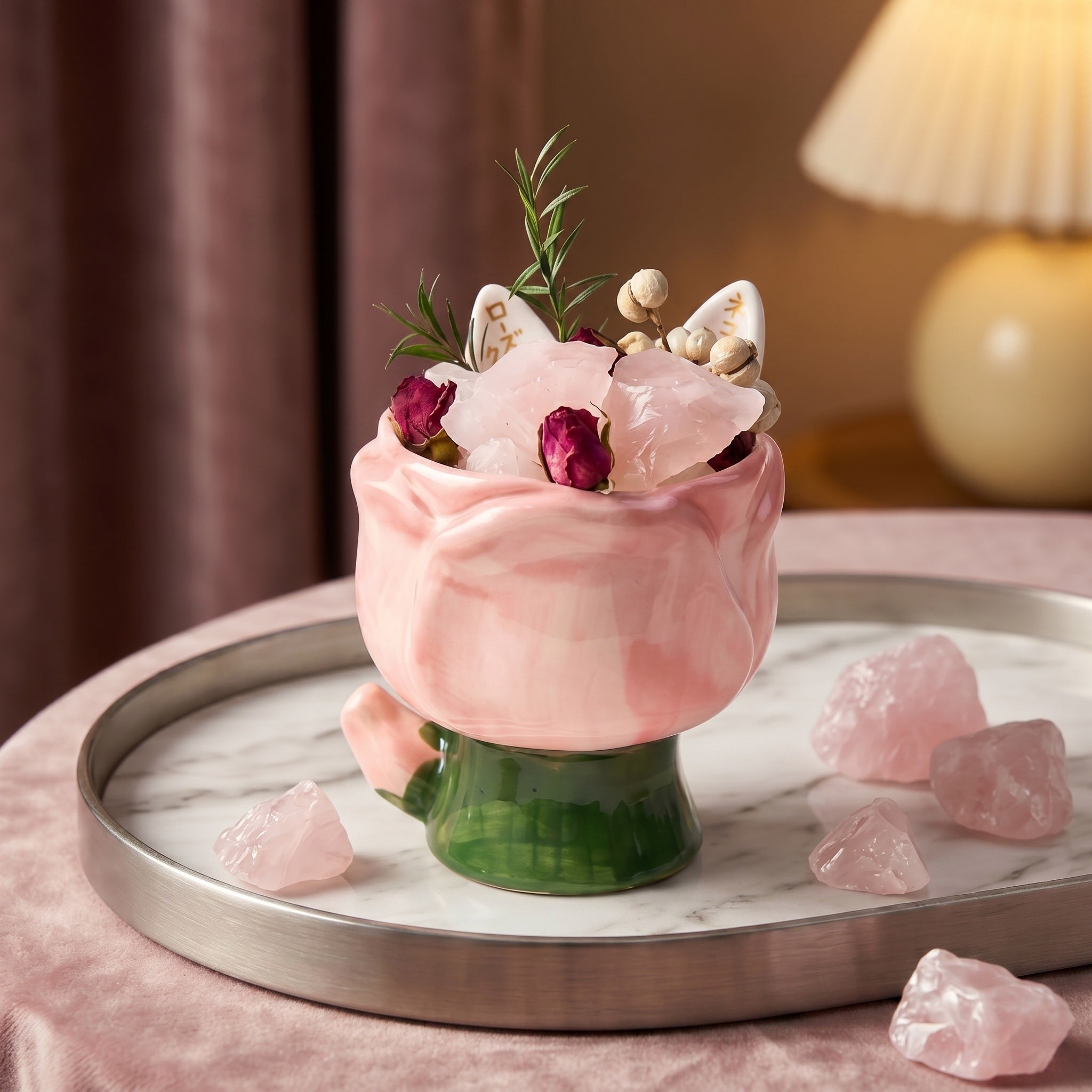 Romantic Sculpted Pink Rose Ceramic and Quartz Aromatherapy Diffuser Set