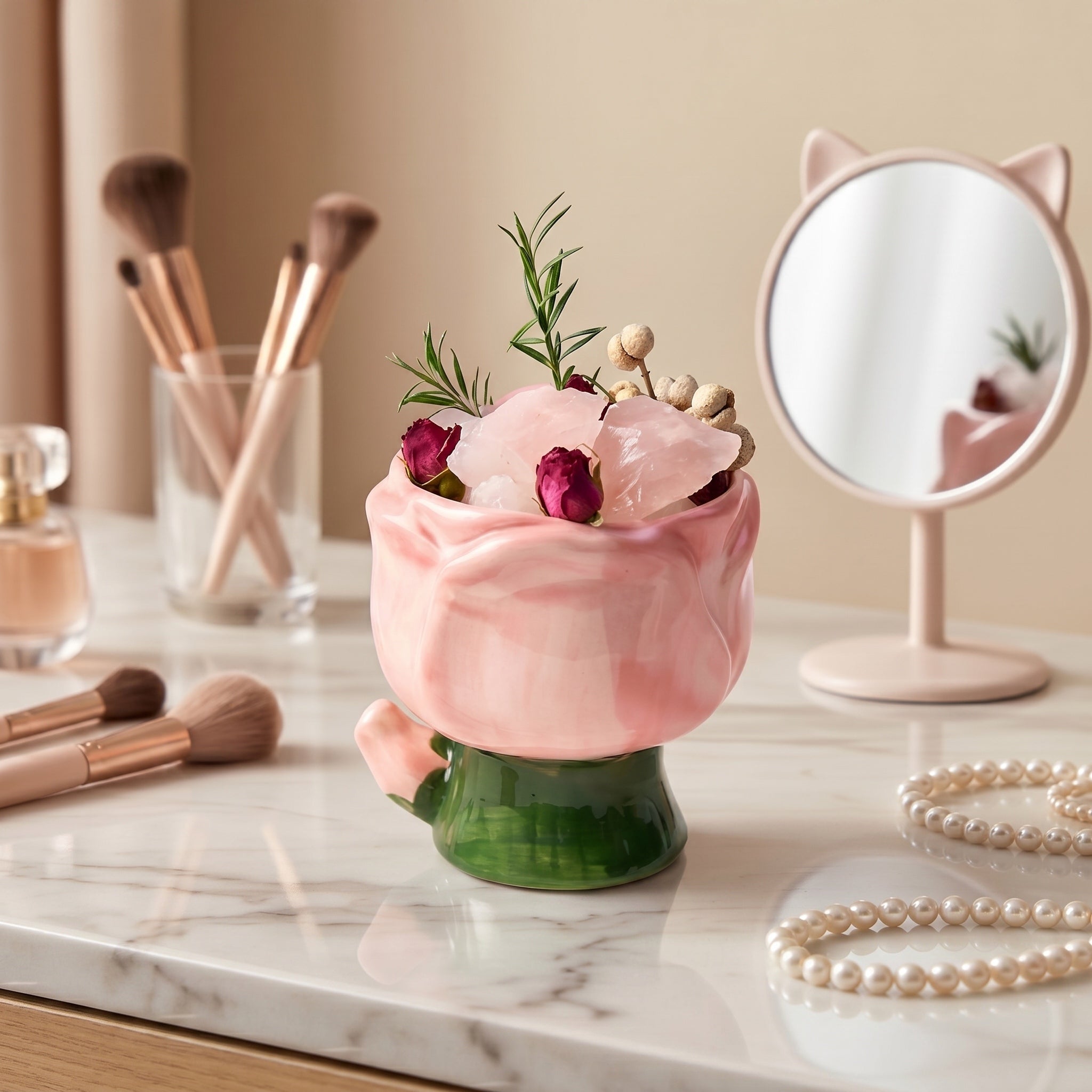 Romantic Sculpted Pink Rose Ceramic and Quartz Aromatherapy Diffuser Set