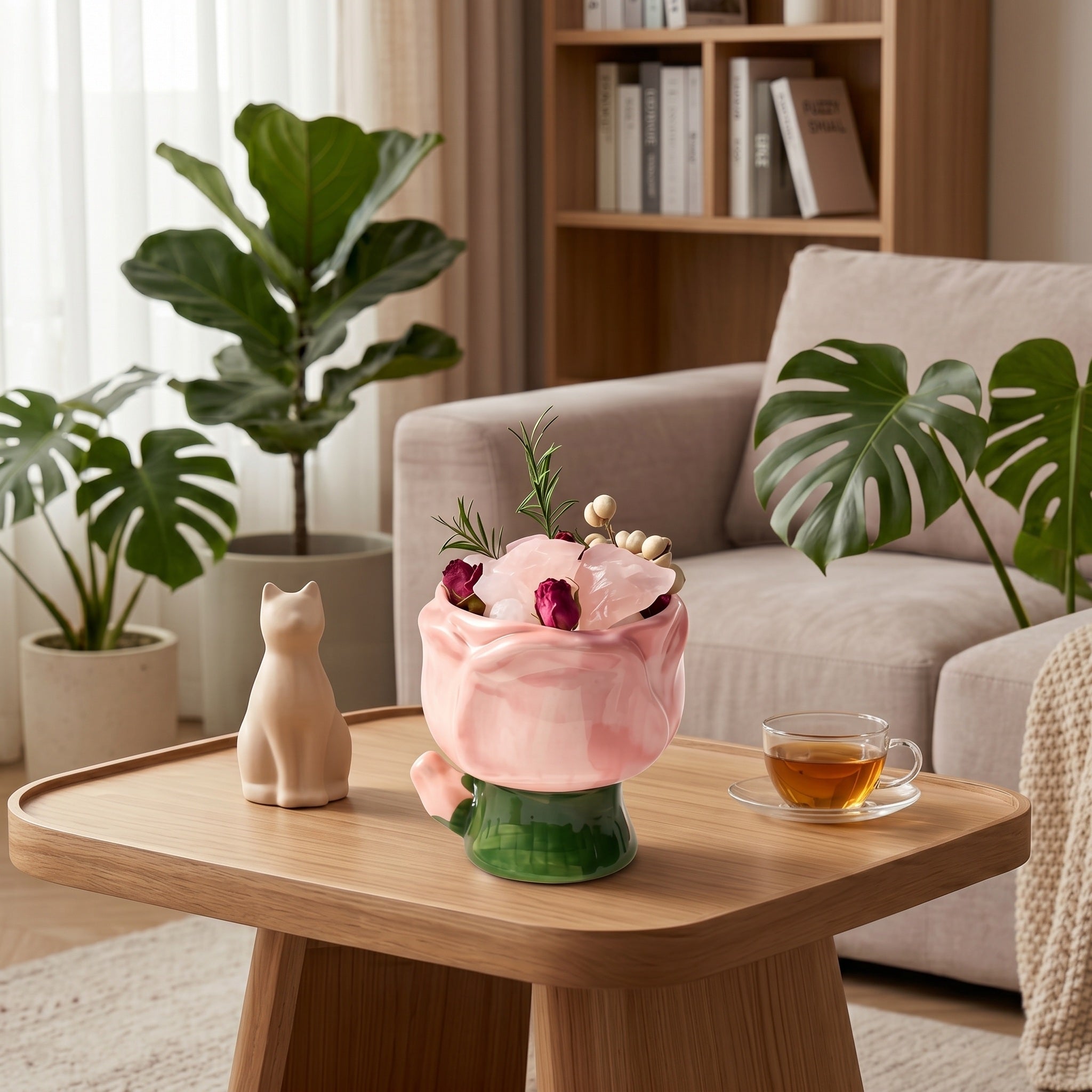 Romantic Sculpted Pink Rose Ceramic and Quartz Aromatherapy Diffuser Set