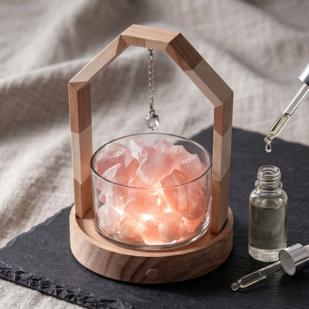 Illuminated Segmented Wooden Arch Rose Quartz Aromatherapy Diffuser