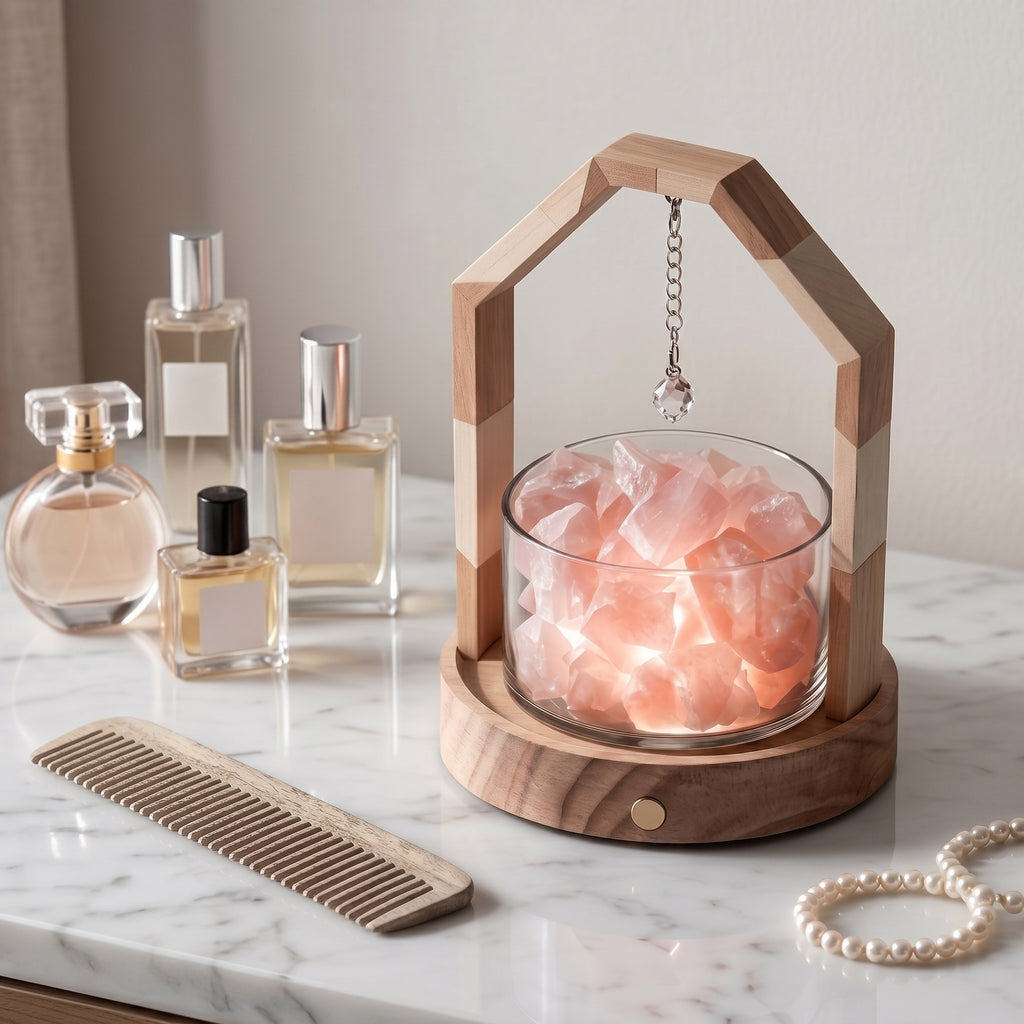 Illuminated Segmented Wooden Arch Rose Quartz Aromatherapy Diffuser