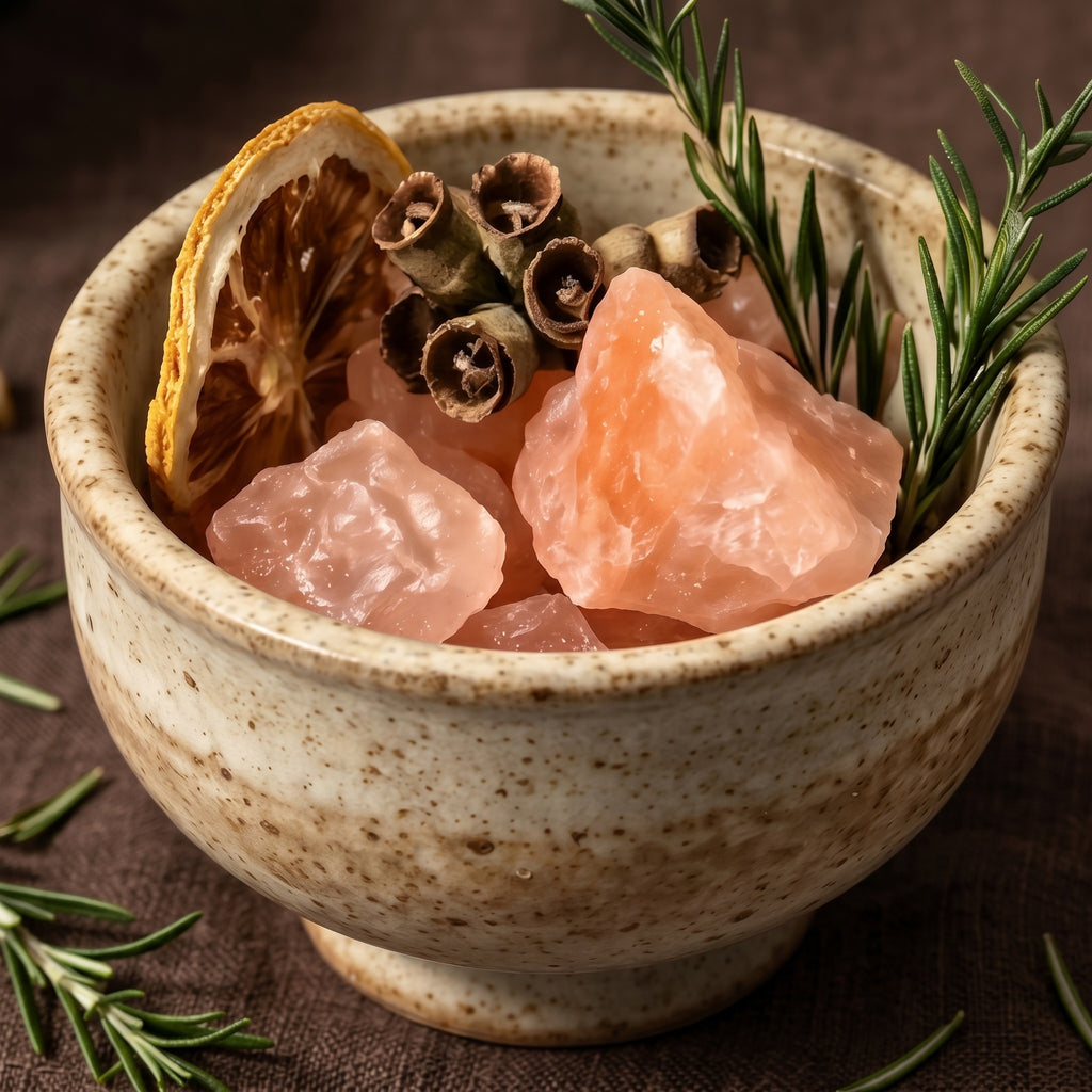 Rustic Earth Stoneware and Pink Crystal Botanical Aromatherapy Set