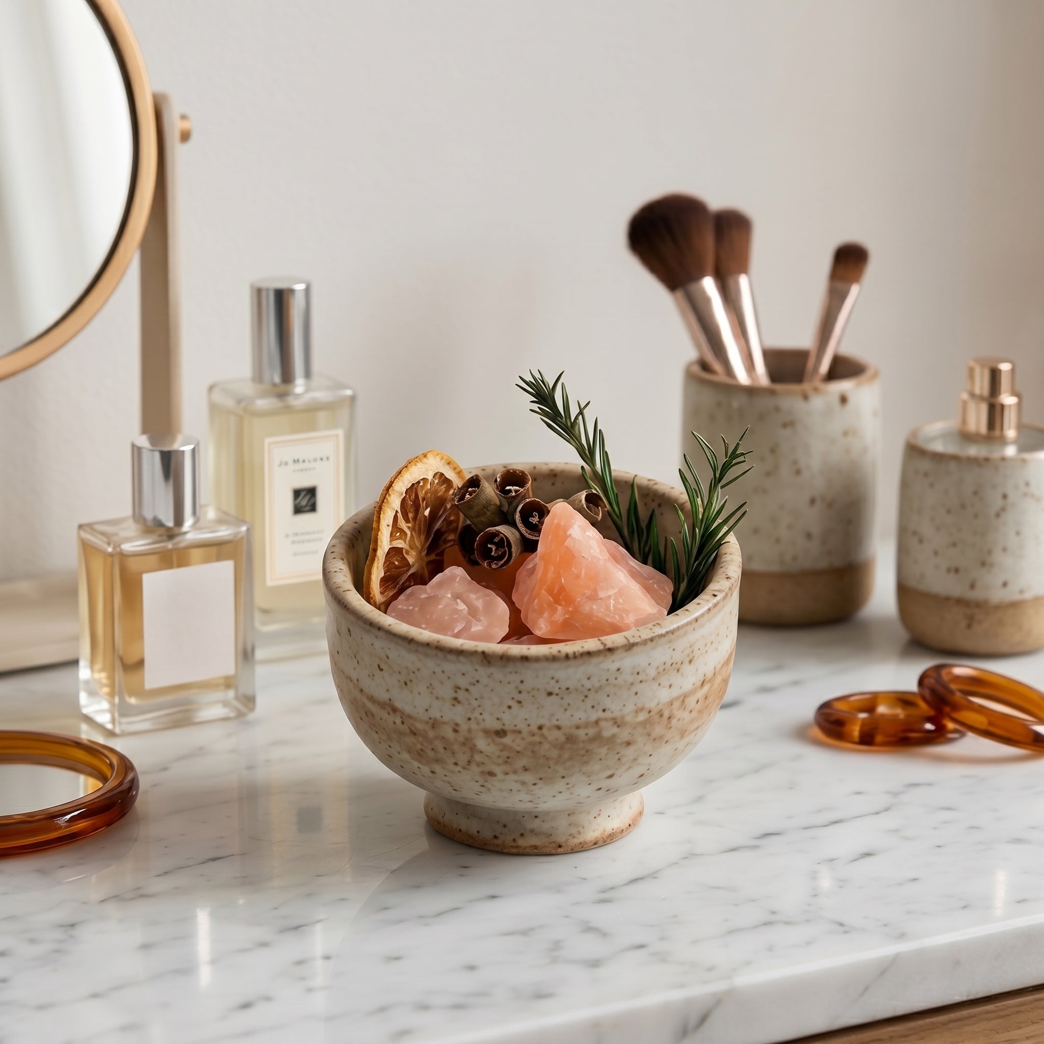 Rustic Earth Stoneware and Pink Crystal Botanical Aromatherapy Set