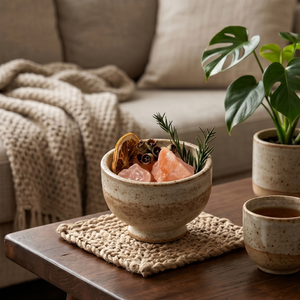 Rustic Earth Stoneware and Pink Crystal Botanical Aromatherapy Set